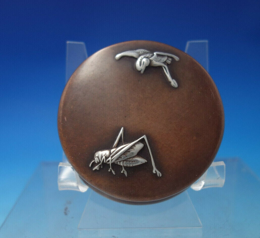 Mixed Metals by Gorham Copper Pill Box applied Sterling Bird Grasshopper: Mixed Metals by Gorham Copper Pill Box applied Sterling Bird Grasshopper Age: 1850-1899 Mixed metals by gorham aesthetic mixed metals by gorham copper hinged pill box with sterling silver applied bird