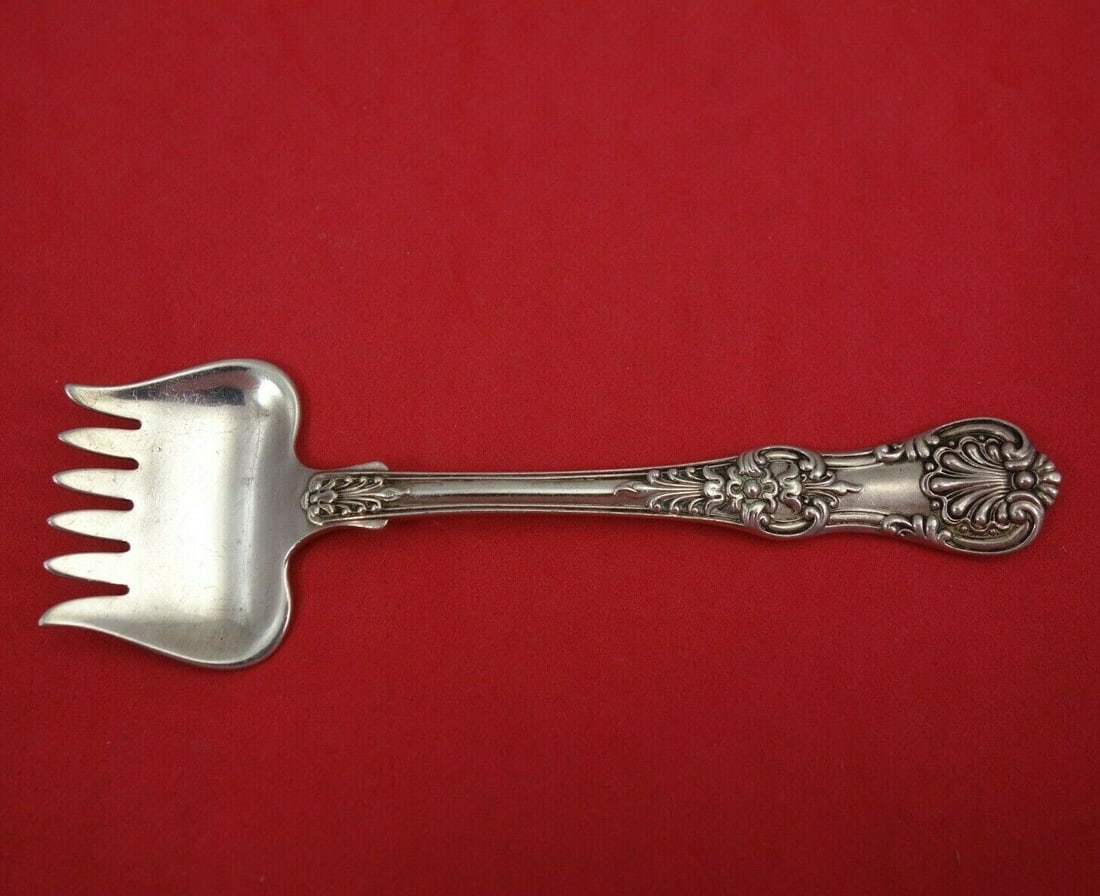 English King by Tiffany and Co Sterling Silver Sardine Fork 6-Tine 5" Heirloom: English King by Tiffany and Co Sterling Silver Sardine Fork 6-Tine 5" Heirloom Type: Serving Fork Age: 1850-1899 Composition: Sterling Silver Featured Refinements: Tiffany Sterling Silverware Maker: T