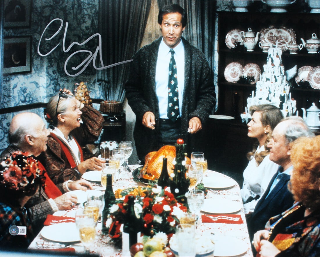 Chevy Chase Christmas Vacation Signed 16x20 Dinner Photo w/ Silver Sig BAS Wit: Chevy Chase Christmas Vacation Signed 16x20 Dinner Photo w/ Silver Sig BAS Wit Industry: Movies Object Type: Photograph Original/Reproduction: Original Autograph Authentication: Beckett Product Coa: B