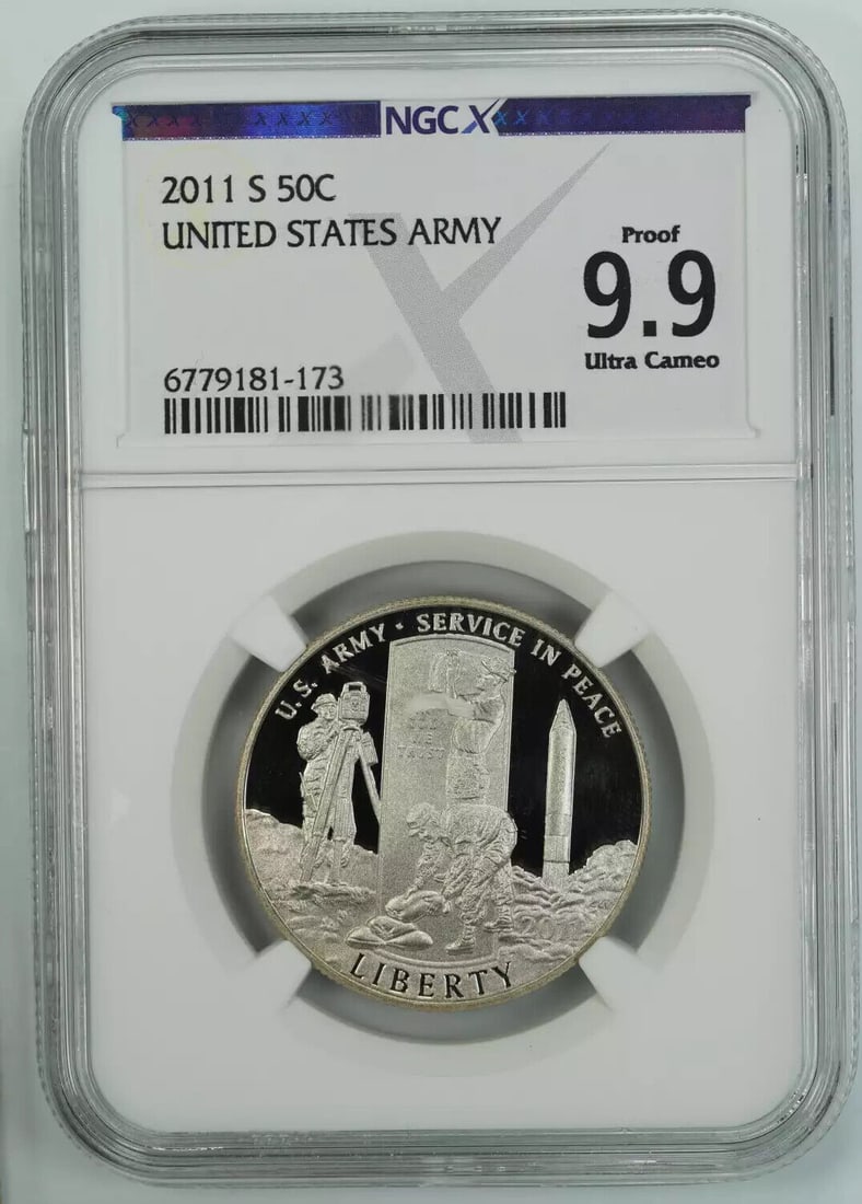2011 S PROOF UNITED STATES ARMY HALF DOLLAR 50C NGCX PF 9.9 ULTRA CAMEO (173): 2011 S PROOF UNITED STATES ARMY HALF DOLLAR 50C NGCX PF 9.9 ULTRA CAMEO (173) Certification: NGCX Composition: Copper-Nickel Grade: 9.9 Year: 2011 Circulated/Uncirculated: Unknown Strike Type: Proof M