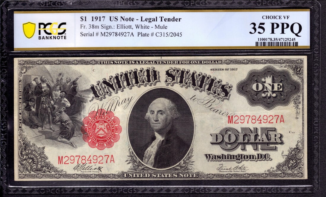 1917 $1 LEGAL TENDER NOTE FR.38m MULE ELLIOTT WHITE PCGS B CHOICE VF 35 PPQ: 1917 $1 LEGAL TENDER NOTE FR.38m MULE ELLIOTT WHITE PCGS B CHOICE VF 35 PPQ Circulated/Uncirculated: Circulated Denomination: $1 Type: Banknotes Year: 1917 Certification Number: 47125245 Grade: 35 Gra
