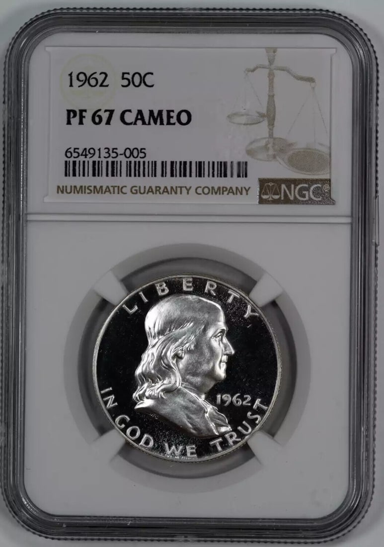 1962 PROOF FRANKLIN HALF DOLLAR 50C NGC CERTIFIED PF 67 PROOF - CAMEO (005): 1962 PROOF FRANKLIN HALF DOLLAR 50C NGC CERTIFIED PF 67 PROOF - CAMEO (005) Certification: NGC Composition: Silver Grade: PF-67 Year: 1962 Circulated/Uncirculated: Uncirculated Strike Type: PR Mint Lo