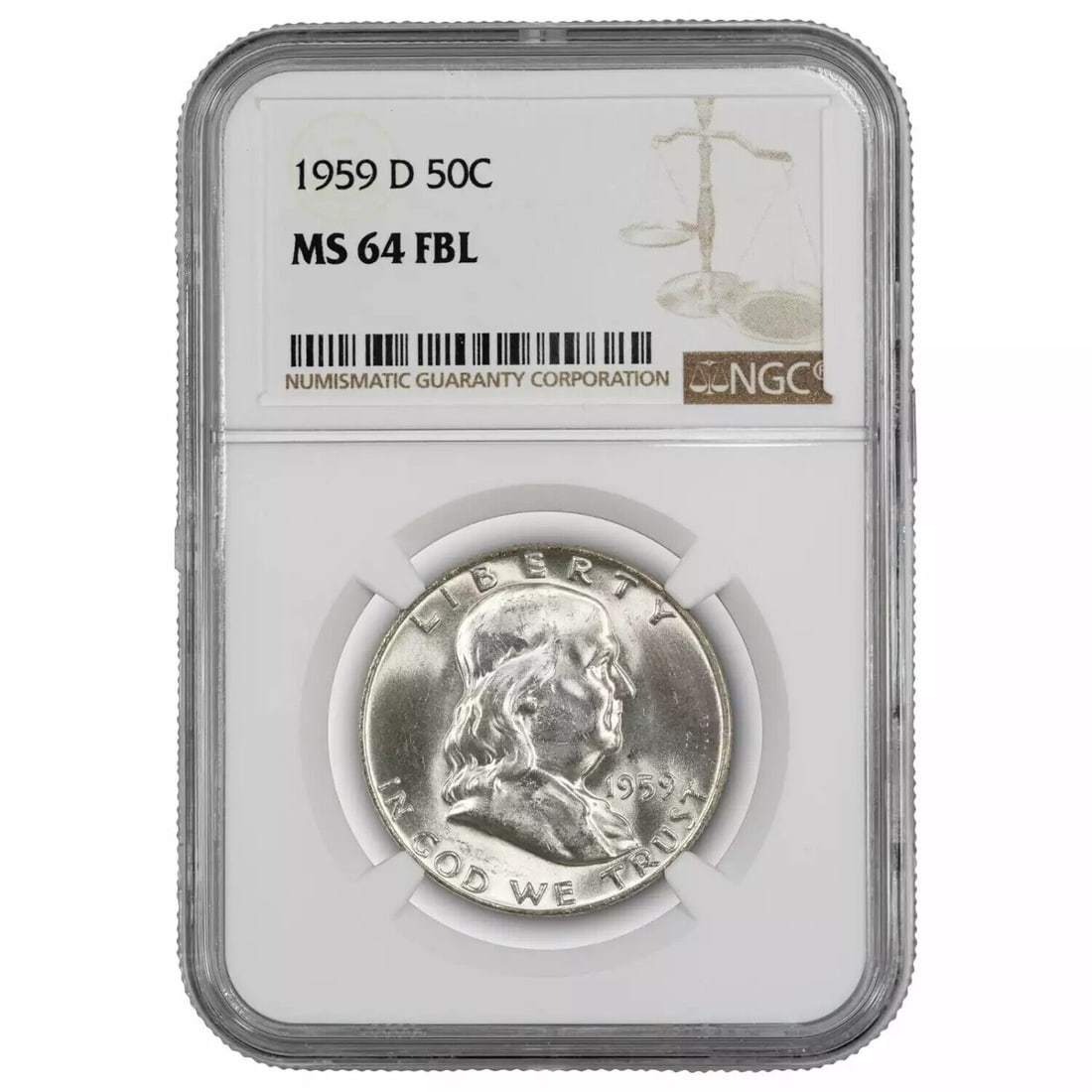 1959 D FRANKLIN HALF DOLLAR 50C NGC MS 64 FBL MINT UNC - FULL BELL LINES: 1959 D FRANKLIN HALF DOLLAR 50C NGC MS 64 FBL MINT UNC - FULL BELL LINES Certification: NGC Composition: Silver Grade: MS 64 Year: 1959 Circulated/Uncirculated: Uncirculated Mint Location: Denver Km N