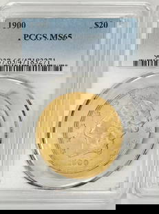 1900 LIBERTY HEAD DOUBLE EAGLE $20 GOLD PCGS CERTIFIED MS 65 MINT UNC (271): 1900 LIBERTY HEAD DOUBLE EAGLE $20 GOLD PCGS CERTIFIED MS 65 MINT UNC (271) Certification: PCGS Composition: Gold Grade: MS 65 Year: 1900 Circulated/Uncirculated: Uncirculated Mint Location: PHILADELP
