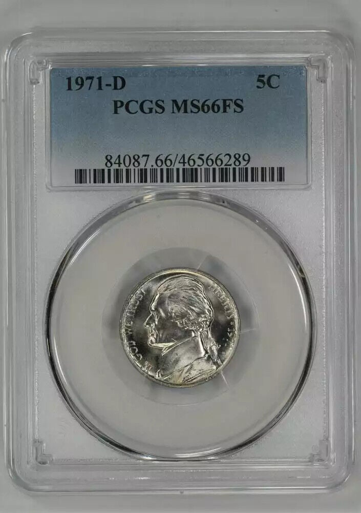 1971 D JEFFERSON NICKEL 5C PCGS MS 66 FS MINT STATE UNC - FULL STEPS (289): 1971 D JEFFERSON NICKEL 5C PCGS MS 66 FS MINT STATE UNC - FULL STEPS (289) Certification: PCGS Composition: Nickel Grade: MS-66 Year: 1971 Circulated/Uncirculated: Uncirculated Strike Type: MS Mint Lo