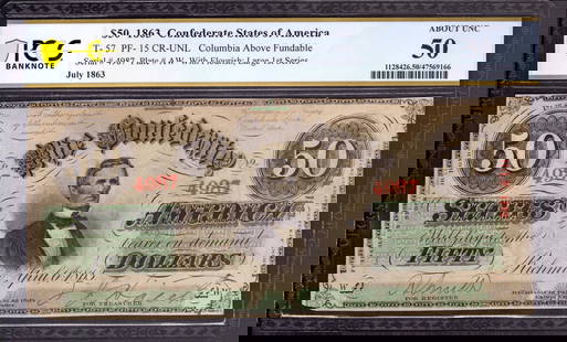 1863 $50 CONFEDERATE STATES OF AMERICA NOTE CURRENCY T-57 PF-15 PCGS B AU 50: 1863 $50 CONFEDERATE STATES OF AMERICA NOTE CURRENCY T-57 PF-15 PCGS B AU 50 Circulated/Uncirculated: Circulated Denomination: $50 Type: Confederate Currency Certification Number: 47569166 Grade: 50 C