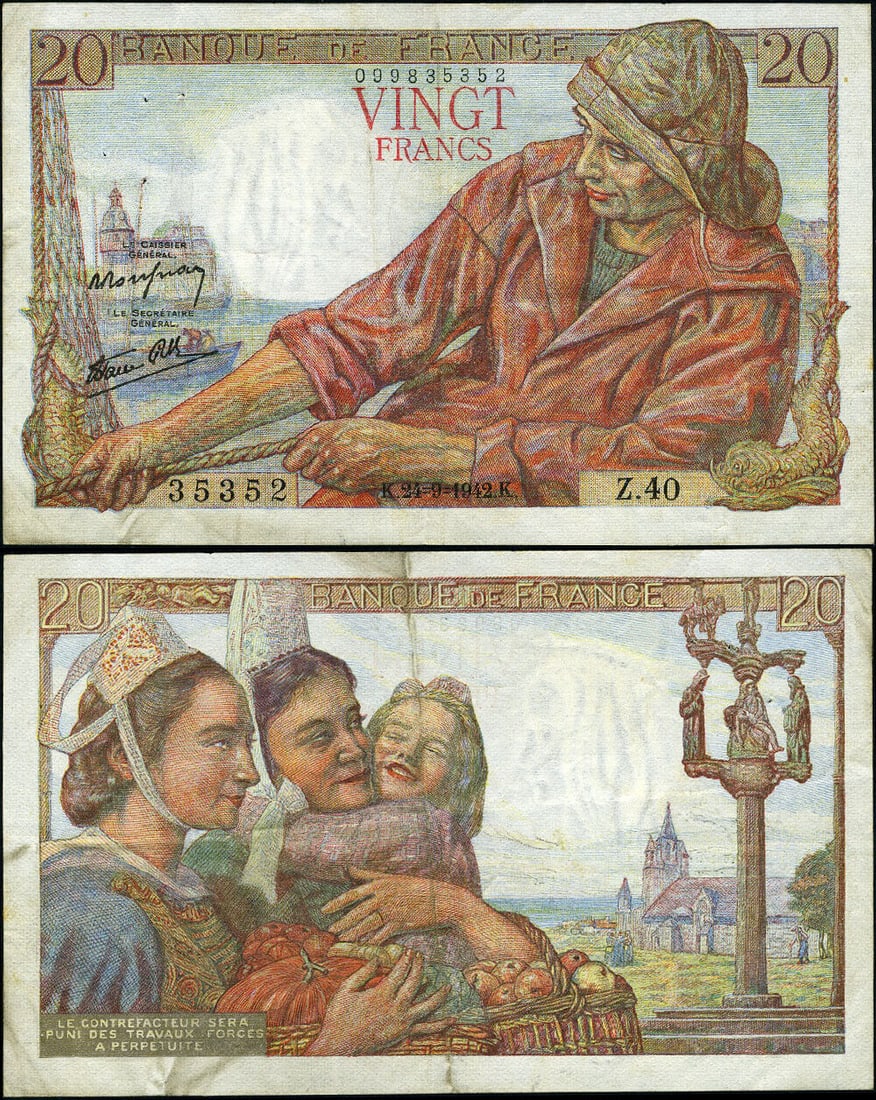 Pick #100a 20 Francs 1942 France Staple VF: Pick #100a 20 Francs 1942 France Staple VF Certification: Uncertified Grade: VF Denomination: 20 Type: World Paper Money Year: 1942 Circulated/Uncirculated: Circulated Pre-Owned The MYNT Guarantee: Al