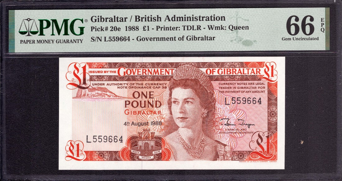 1988 1 POUND GIBRALTAR QUEEN ELIZABETH II PICK 20e PMG GEM UNC 66 EPQ (956): 1988 1 POUND GIBRALTAR QUEEN ELIZABETH II PICK 20e PMG GEM UNC 66 EPQ (956) Circulated/Uncirculated: Uncirculated Type: Banknotes Year: 1988 Certification Number: 2078892-024 Country: Gibraltar Grade: