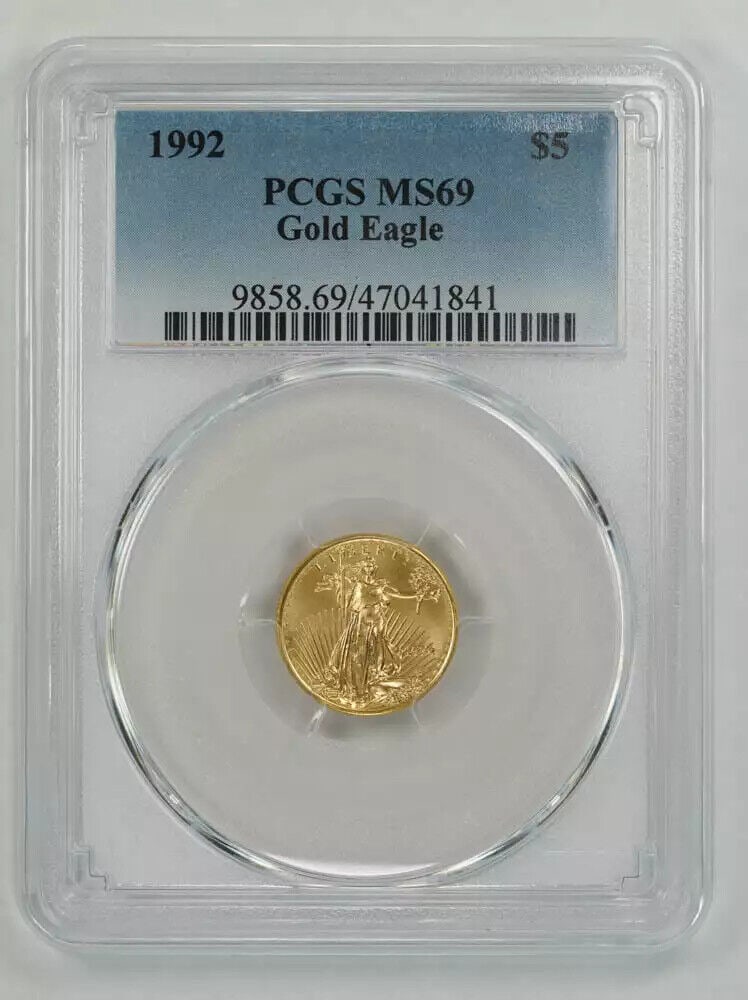 1992 AMERICAN GOLD EAGLE $5 PCGS MS 69 MINT STATE UNC 1/10 OZ 999 FINE GOLD (841: 1992 AMERICAN GOLD EAGLE $5 PCGS MS 69 MINT STATE UNC 1/10 OZ 999 FINE GOLD (841 Certification: PCGS Composition: Gold Grade: MS 69 Year: 1992 Circulated/Uncirculated: Uncirculated Mint Location: PHIL