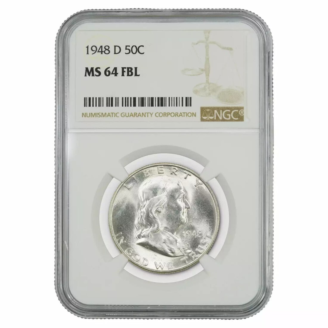 1948 D FRANKLIN HALF DOLLAR 50C NGC MS 64 FBL MINT UNC - FULL BELL LINES: 1948 D FRANKLIN HALF DOLLAR 50C NGC MS 64 FBL MINT UNC - FULL BELL LINES Certification: NGC Composition: Silver Grade: MS 64 Year: 1948 Circulated/Uncirculated: Uncirculated Mint Location: Denver Km N