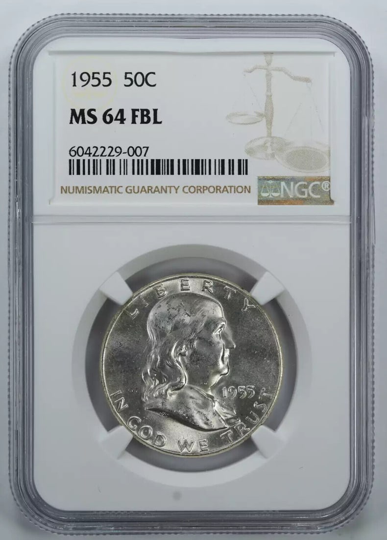 1955 FRANKLIN HALF DOLLAR 50C NGC MS 64 FBL MINT UNC - FULL BELL LINES (007): 1955 FRANKLIN HALF DOLLAR 50C NGC MS 64 FBL MINT UNC - FULL BELL LINES (007) Certification: NGC Composition: Silver Grade: MS-64 Year: 1955 Circulated/Uncirculated: Uncirculated Strike Type: MS Mint L