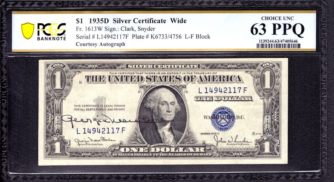 1935 D $1 SILVER CERTIFICATE NOTE FR.1613W COURTESTY AUTOGRAPH PCGS B CU 63 PPQ: 1935 D $1 SILVER CERTIFICATE NOTE FR.1613W COURTESTY AUTOGRAPH PCGS B CU 63 PPQ Circulated/Uncirculated: Uncirculated Denomination: $1 Type: Banknotes Year: 1935 Certification Number: 47405646 Grade: 