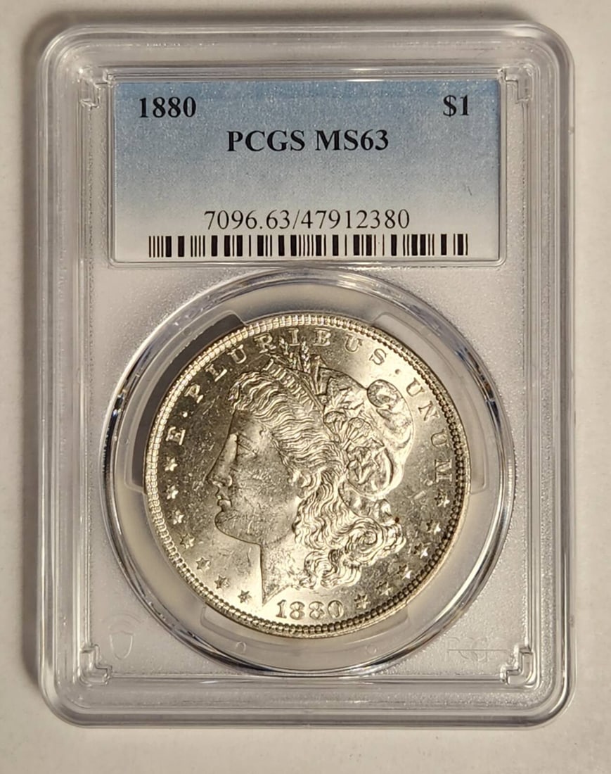 1880 P Morgan Silver Dollar PCGS MS-63: 1880 P Morgan Silver Dollar PCGS MS-63 Certification: PCGS Composition: Silver Grade: MS 63 Year: 1880 Circulated/Uncirculated: Uncirculated Mint Location: Philadelphia Country: USA Km Number: Unknown