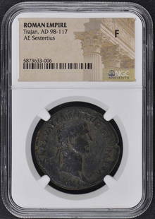 Trajan AD 98-117 ROMAN EMPIRE AE Sestertius NGC F12: Trajan AD 98-117 ROMAN EMPIRE AE Sestertius NGC F12 Certification: NGC Grade: F12 Certification Number: 5873633006 Date: NONE Pre-Owned The MYNT Guarantee: All items in this auction are guaranteed to