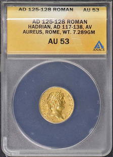 Hadrian AD 117-138 ROMAN EMPIRE AV Aureus ANACS AU53: Hadrian AD 117-138 ROMAN EMPIRE AV Aureus ANACS AU53 Certification: ANACS Grade: AU53 Certification Number: 4654135 Denomination: Ancient Roman Date: NONE Pre-Owned The MYNT Guarantee: All items in th