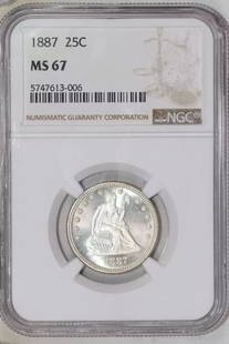 1887 SEATED LIBERTY QUARTER NGC MS67 - ONLY 10 000 MINTED! - VERY SCARCE!: 1887 SEATED LIBERTY QUARTER NGC MS67 - ONLY 10 000 MINTED! - VERY SCARCE! Composition: Silver Strike Type: MS Grade: MS-67 Km Number: Unknown Certification: NGC Circulated/Uncirculated: Uncirculated D