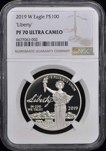2019-W LIBERTY $100 1oz Proof Platinum Eagle NGC PF-70: 2019-W LIBERTY $100 1oz Proof Platinum Eagle NGC PF-70 Certification: NGC Grade: PR70 Certification Number: 6677063002 Year: 2019 Pre-Owned The MYNT Guarantee: All items in this auction are guaranteed