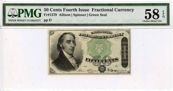 Fourth Issue 50 Cents Fractional Currency Green Seal Fr#1379 PMG CAU 58 EPQ: Fourth Issue 50 Cents Fractional Currency Green Seal Fr#1379 PMG CAU 58 EPQ Certification: PMG Certification Number: 8065794006 Grade: AU58 Circulated/Uncirculated: Circulated Denomination: Fractional