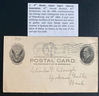 1904 Providence RI USA Civil War Reunion postcard Cover To Spokane WA: 1904 Providence RI USA Civil War Reunion postcard Cover To Spokane WA Place Of Origin: United States State: New York Topic: Patriotic Pre-Owned The MYNT Guarantee: All items in this auction are guaran
