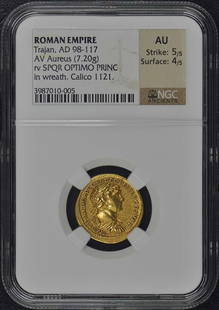Trajan AD 98-117 ROMAN EMPIRE AV Aureus NGC AU50: Trajan AD 98-117 ROMAN EMPIRE AV Aureus NGC AU50 Certification: NGC Grade: AU50 Certification Number: 3987010005 Denomination: Ancient Roman Date: NONE Pre-Owned The MYNT Guarantee: All items in this