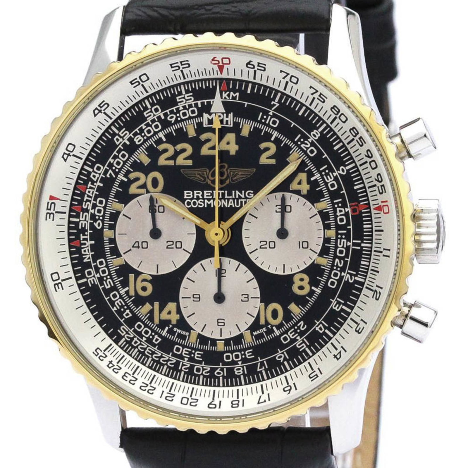 Polished BREITLING Navitimer Cosmonaute 18K Gold Steel Watch B12019 BF560833: Polished BREITLING Navitimer Cosmonaute 18K Gold Steel Watch B12019 BF560833 Brand: Breitling Line: Navitimer Model: B12019 Type: Wristwatch Style: Sport Gender: Men Material (Case): Stainless steel Y