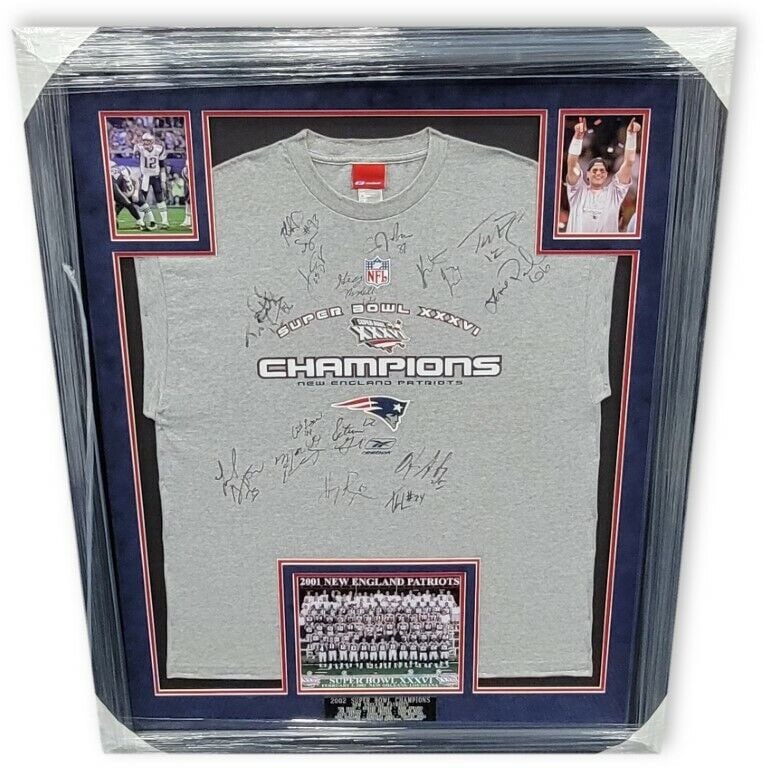 Tom Brady Signed Auto T-Shirt Team Signed 1st Patriots Win 2002 Champions: Tom Brady Signed Auto T-Shirt Team Signed 1st Patriots Win 2002 Champions Sport: Football Product: Jersey Original/Reprint: Original Player: Tom Brady Team: New England Patriots Autograph Authenticati