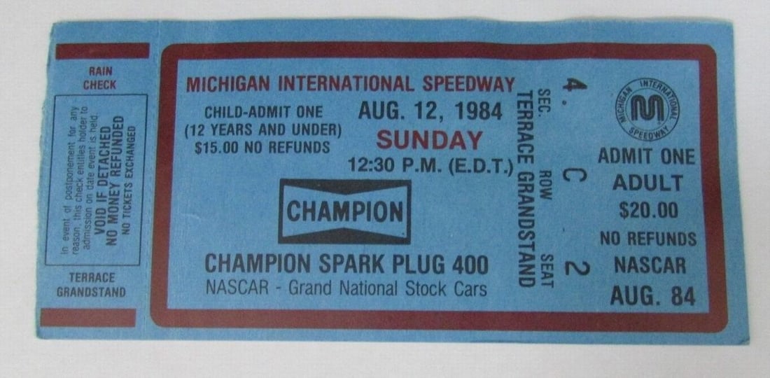 1984 Michigan Champion Spark Plug 400 Ticket Stub Darrell Wartrip Win 127678: 1984 Michigan Champion Spark Plug 400 Ticket Stub Darrell Wartrip Win 127678 Sport: Other Autographed Sports Mem Original/Reproduction: Original Pre-Owned While the lot images are representative of th