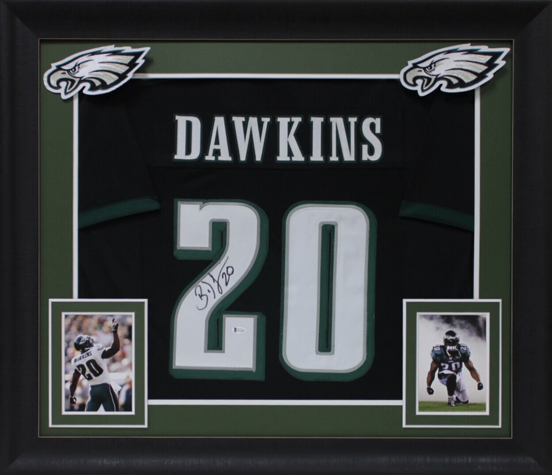 Brian Dawkins Signed Black Pro Style Framed Jersey BAS Witnessed: Brian Dawkins Signed Black Pro Style Framed Jersey BAS Witnessed Sport: Football Product: Jersey Original/Reprint: Original Player: Brian Dawkins Team: Philadelphia Eagles Autograph Authentication: Be