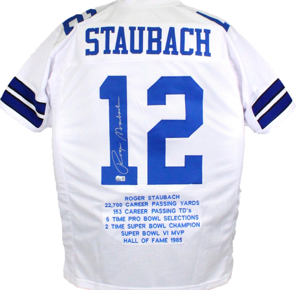 Roger Staubach Autographed White Pro Style STAT Jersey- Beckett W Holo *Silver: Roger Staubach Autographed White Pro Style STAT Jersey- Beckett W Holo *Silver Sport: Football Product: Jersey Original/Reprint: Original Player: Roger Staubach Team: Dallas Cowboys Autograph Authenti