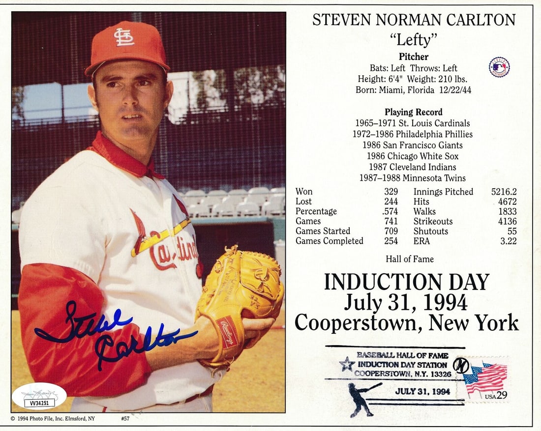 Steve Carlton Phillies Signed 8x10 HOF Induction Photo with Stamp JSA 166463: Steve Carlton Phillies Signed 8x10 HOF Induction Photo with Stamp JSA 166463 Sport: Baseball Product: Photo Original/Reprint: Original Team: Philadelphia Phillies Autograph Authentication: JSA League: