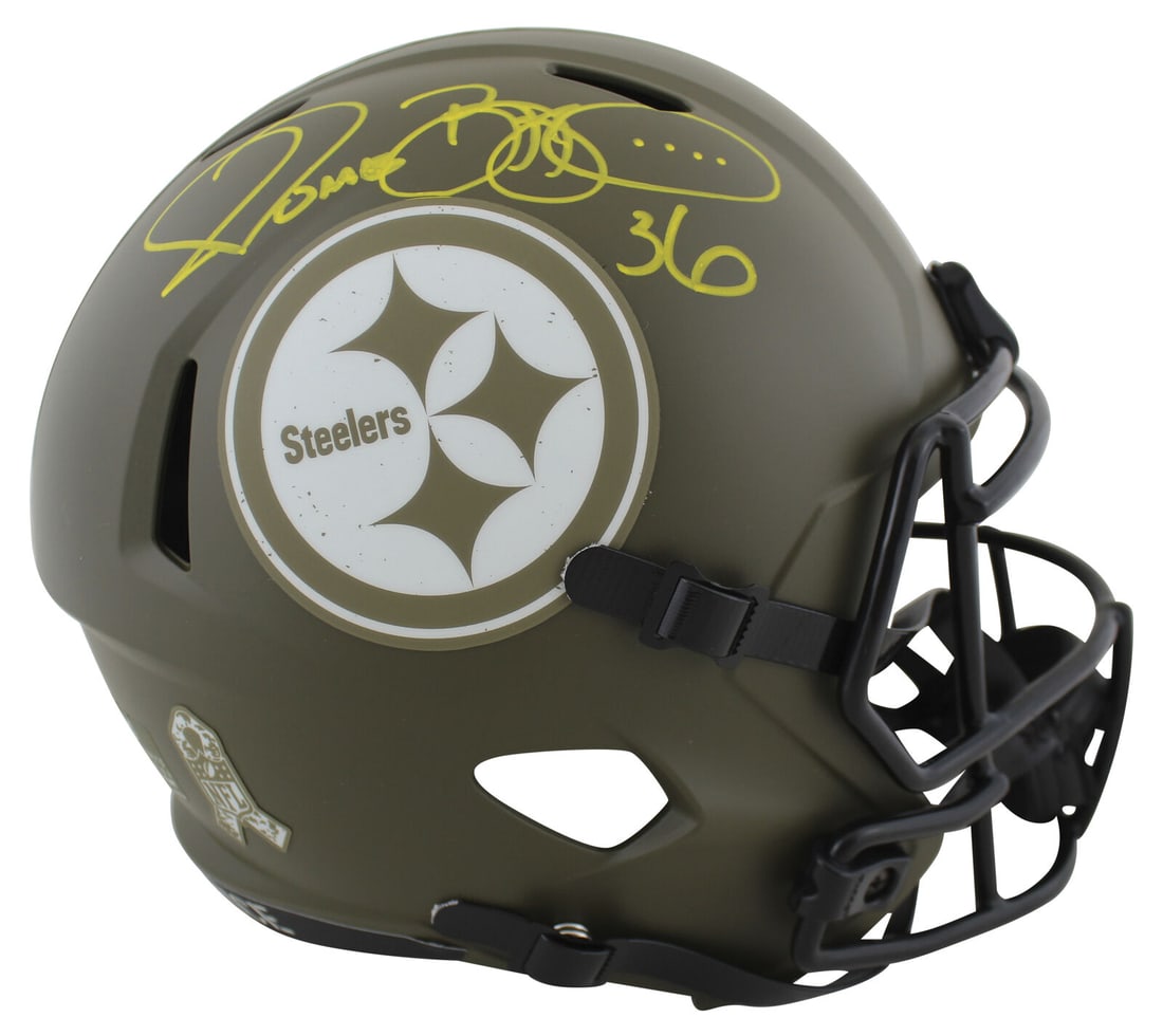 Steelers Jerome Bettis Signed Salute To Service F/S Speed Rep Helmet BAS Witness: Steelers Jerome Bettis Signed Salute To Service F/S Speed Rep Helmet BAS Witness Sport: Football Product: Helmet Original/Reprint: Original Player: Jerome Bettis Team: Pittsburgh Steelers Autograph Au