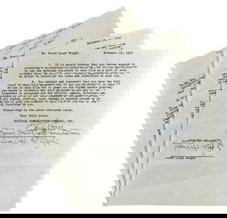 Frank Lloyd Wright 3x Signed 8.35x9.5 3 Page NBC Contract BAS #AB14681: Frank Lloyd Wright 3x Signed 8.35x9.5 3 Page NBC Contract BAS #AB14681 Autograph Authentication: Beckett Original/Reproduction: Original Product Coa: Beckett Product Signed By Name: Frank Lloyd Wright