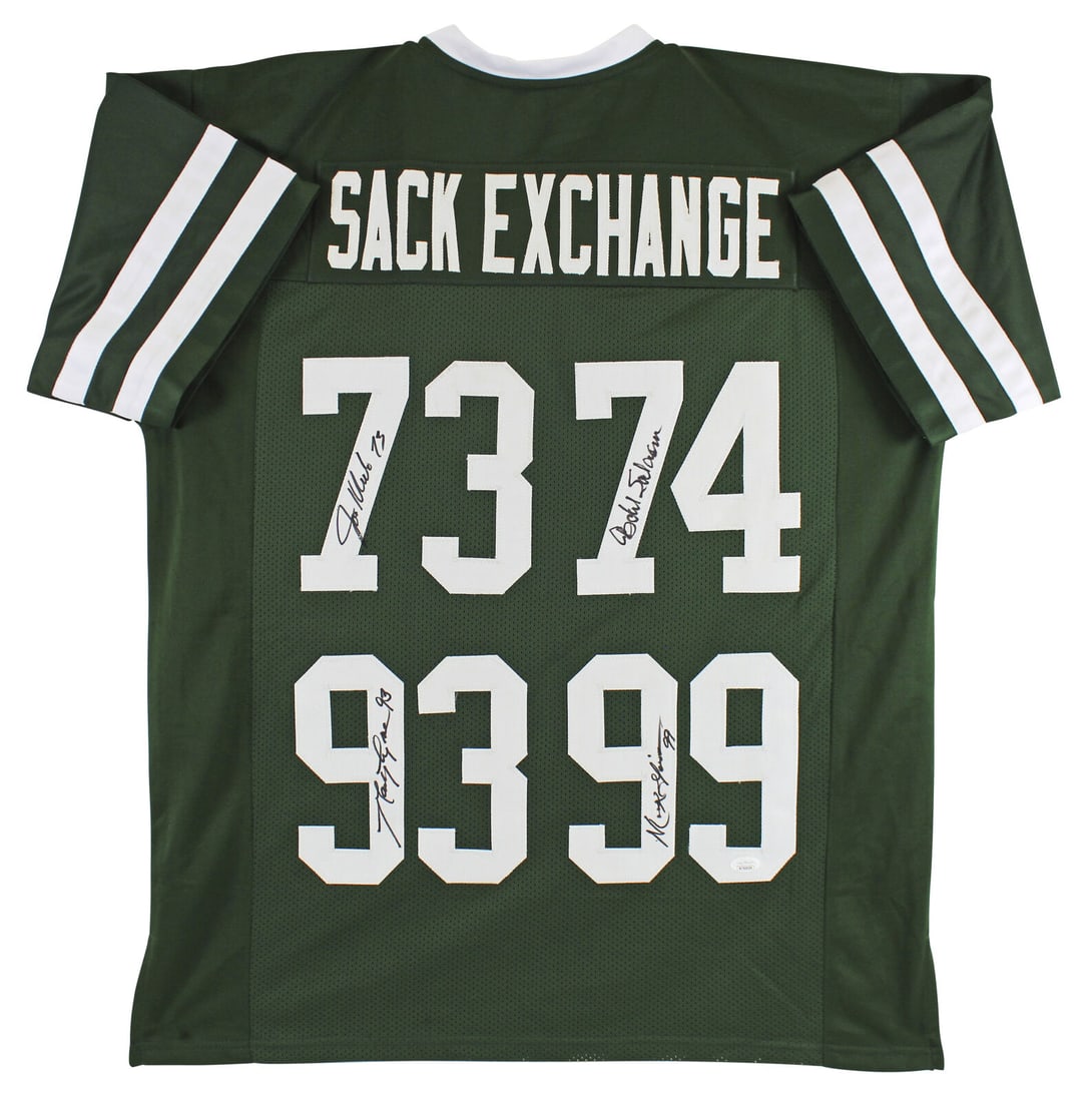 New York Sack Exchange (4) Signed Green Pro Style Jersey Autographed JSA Witness: New York Sack Exchange (4) Signed Green Pro Style Jersey Autographed JSA Witness Sport: Football Product: Jersey Original/Reprint: Original Player: Mark Gastineau Joe Klecko Marty Lyons & Abdul Salaam