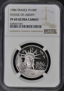 1986 FRANCE Platinum STATUE OF LIBERTY PT100F NGC PR69DCAM: 1986 FRANCE Platinum STATUE OF LIBERTY PT100F NGC PR69DCAM Circulated/Uncirculated: Uncirculated Year: 1986 Certification: NGC Certification Number: 6285437001 Grade: PR69 Pre-Owned The MYNT Guarantee