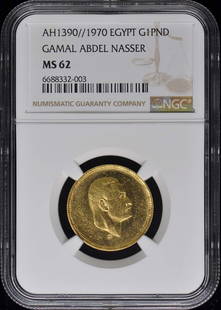 AH1390//1970 EGYPT GAMAL ABDEL NASSER KM-426 G1PND NGC MS62 Gold Pound: AH1390//1970 EGYPT GAMAL ABDEL NASSER KM-426 G1PND NGC MS62 Gold Pound Circulated/Uncirculated: Uncirculated Year: NONE Certification: NGC Certification Number: 6688332003 Grade: MS62 Pre-Owned The MY