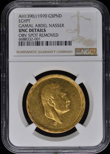 AH1390//1970 EGYPT GAMAL ABDEL NASSER G5P NGC UNC Details Gold 5 Pound: AH1390//1970 EGYPT GAMAL ABDEL NASSER G5P NGC UNC Details Gold 5 Pound Circulated/Uncirculated: Uncirculated Year: NONE Certification: NGC Certification Number: 6688332001 Grade: UNC Details Pre-Owned