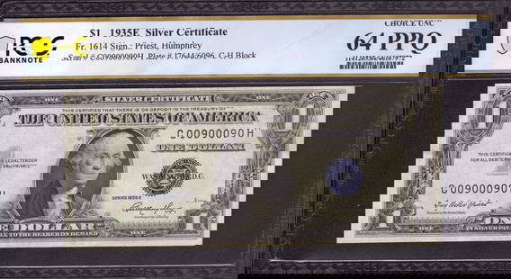 1935 E $1 SILVER CERTIFICATE FR 1614 FANCY SERIAL FLIPPER 9'S PCGS B CU 64 PPQ: 1935 E $1 SILVER CERTIFICATE FR 1614 FANCY SERIAL FLIPPER 9'S PCGS B CU 64 PPQCirculated/Uncirculated: UncirculatedDenomination: $1Type: BanknotesYear: 1935Certification Number: 46107972Grade: 64Grade