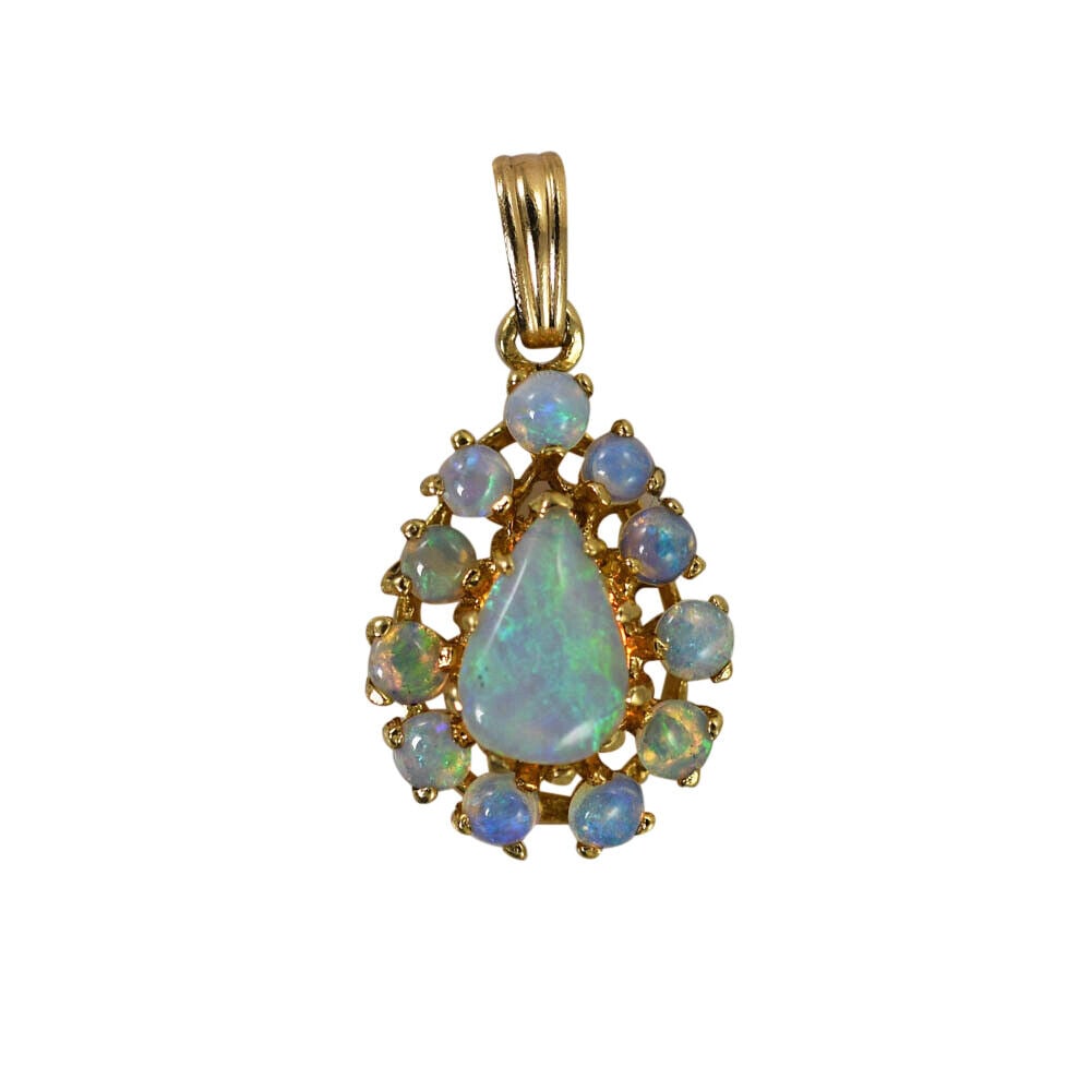 14K Yellow Gold Australian Opal Pendant 2g: 14K Yellow Gold Australian Opal Pendant 2g Metal Purity: 14k Metal: Yellow Gold Number Of Gemstones: 12 Type: Pendant Base Metal: Yellow Gold Main Stone Color: Blue Green Shape: Tear Drop Main Stone: 