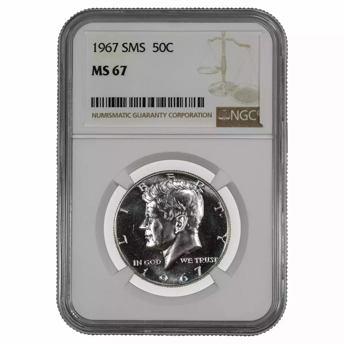 1967 SMS KENNEDY HALF DOLLAR 50C NGC CERTIFIED MS 67 - SPOT HAZE FREE: 1967 SMS KENNEDY HALF DOLLAR 50C NGC CERTIFIED MS 67 - SPOT HAZE FREECertification: NGCComposition: SilverGrade: MS 67Year: 1967Circulated/Uncirculated: UncirculatedMint Location: PhiladelphiaKm Numbe