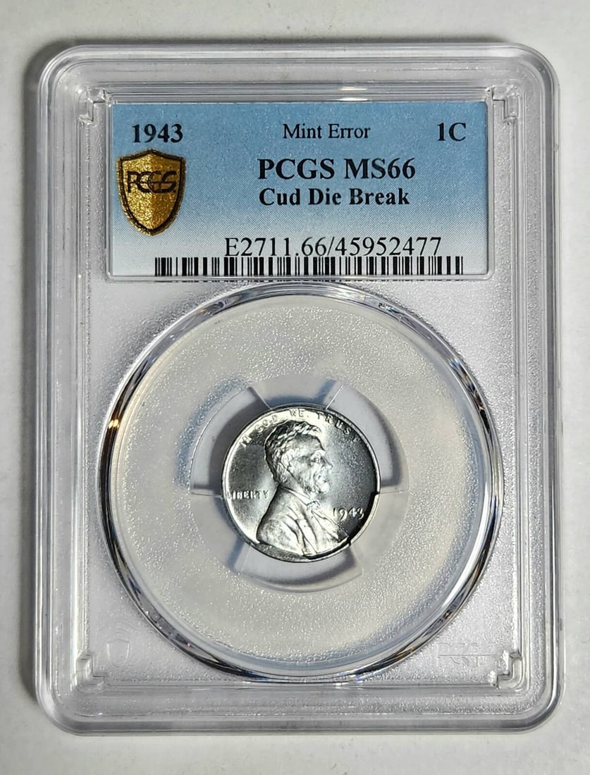 1943 P Small Cent PCGS MS-66 - CUD DIE BREAK - MINT ERROR: 1943 P Small Cent PCGS MS-66 - CUD DIE BREAK - MINT ERROR Certification: PCGS Composition: Copper Grade: MS 66 Year: 1943 Circulated/Uncirculated: Uncirculated Mint Location: Philadelphia Km Number: U