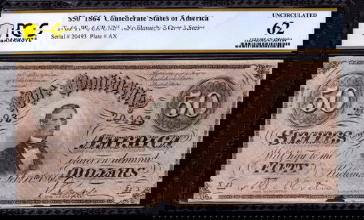 1864 $50 CONFEDERATE STATES OF AMERICA NOTE CURRENCY T-66 PF-6 PCGS B UNC 62: 1864 $50 CONFEDERATE STATES OF AMERICA NOTE CURRENCY T-66 PF-6 PCGS B UNC 62Circulated/Uncirculated: UncirculatedDenomination: $50Type: Confederate CurrencyCertification Number: 47569104Grade: 30Certi