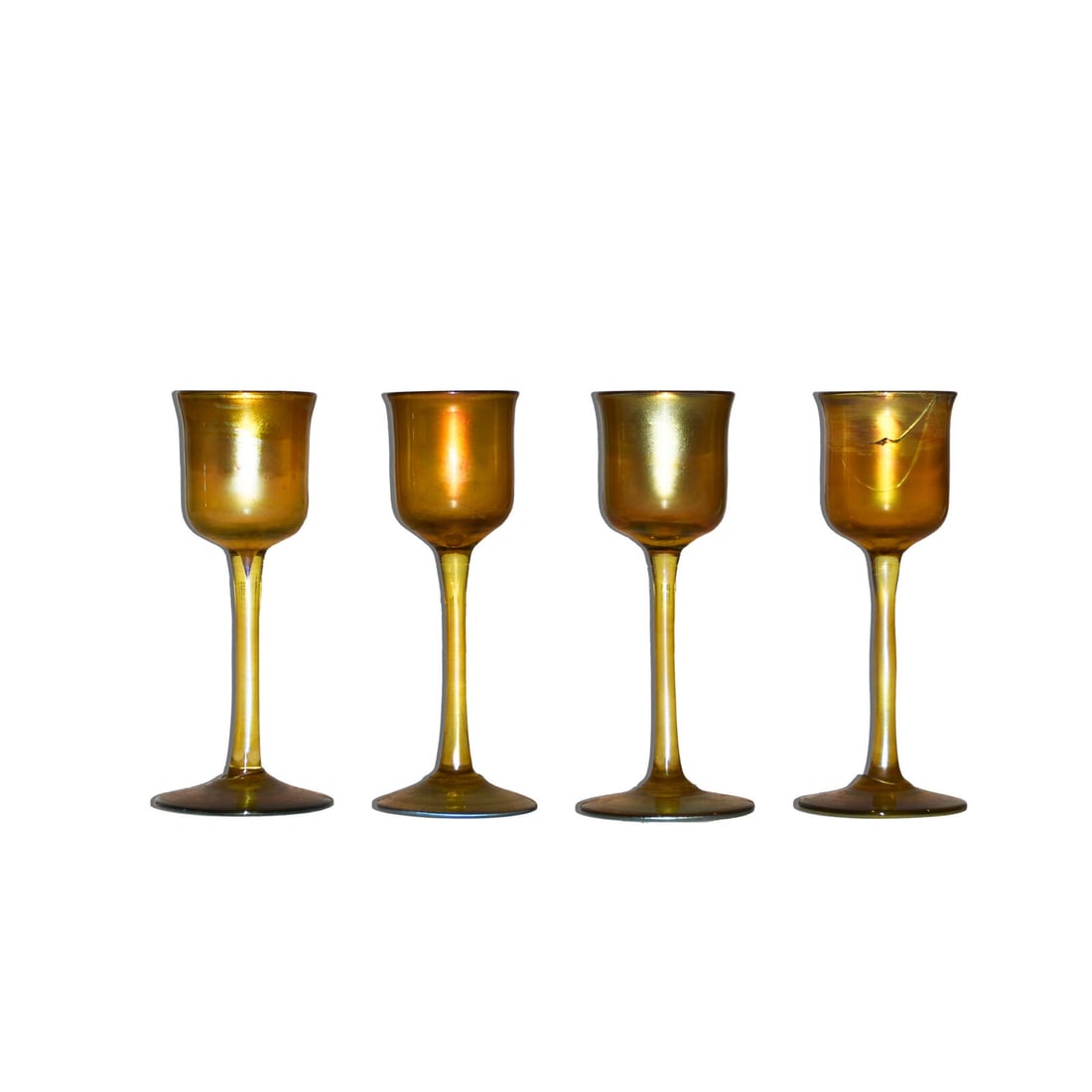 Tiffany Studios Set of (4) Cordials: Tiffany Studios Set of (4) Cordials Antique: Yes Subject: Abstract Art Original/Licensed Reproduction: Original Production Style: Art Glass Type: Cordial Glass Object Type: Cordial Glass Style: Art No