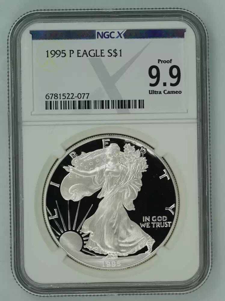 1995 P PROOF AMERICAN SILVER EAGLE ASE S$1 NGCX 9.9 - PF 69 ULTRA CAMEO (077): 1995 P PROOF AMERICAN SILVER EAGLE ASE S$1 NGCX 9.9 - PF 69 ULTRA CAMEO (077)Certification: NGCXComposition: SilverGrade: 9.9Year: 1995Circulated/Uncirculated: UnknownStrike Type: ProofMint Location: 
