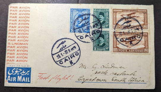 1937 Egypt Airmail First Flight Cover FFC Cairo to Capetown South Africa: 1937 Egypt Airmail First Flight Cover FFC Cairo to Capetown South Africa Place Of Origin: Egypt Quality: Used Grade: Ungraded Certification: Uncertified Pre-Owned The MYNT Guarantee: All items in this