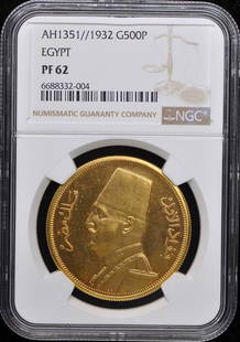 AH1351//1932 EGYPT 500PIA NGC PR62 Gold Proof: AH1351//1932 EGYPT 500PIA NGC PR62 Gold Proof Circulated/Uncirculated: Uncirculated Year: NONE Certification: NGC Certification Number: 6688332004 Grade: PR62 Pre-Owned The MYNT Guarantee: All items i