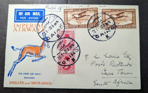 1932 Egypt Airmail First Flight Cover FFC Cairo to Cape Town South Africa: 1932 Egypt Airmail First Flight Cover FFC Cairo to Cape Town South Africa Place Of Origin: Egypt Quality: Used Grade: Ungraded Certification: Uncertified Pre-Owned The MYNT Guarantee: All items in thi