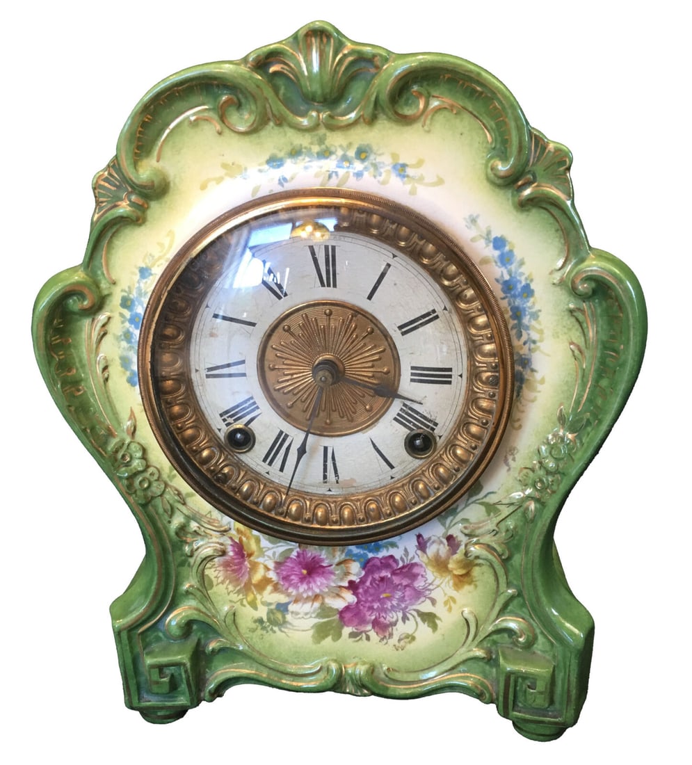 Ansonia & Royal Bonn La Hay Ceramic Mantle Clock Germany Vintage Antique Clock: Ansonia & Royal Bonn La Hay Ceramic Mantle Clock Germany Vintage Antique Clock Style: German Vintage: Yes Color: Green Brand: Ansonia and Royal Bonn La Hay Type: Desk Clock Pre-Owned The MYNT Guarante
