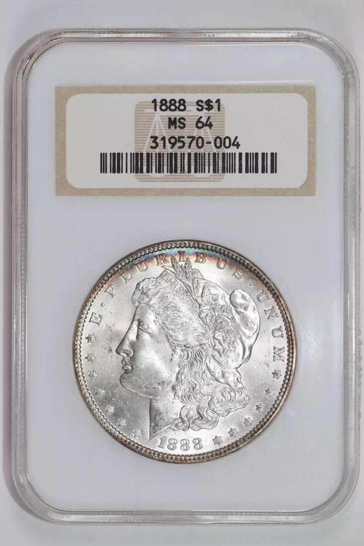 1888 MORGAN DOLLAR NGC MS64 PQ! RAINBOW PERIPHERAL! OLD FATTY HOLDER!: 1888 MORGAN DOLLAR NGC MS64 PQ! RAINBOW PERIPHERAL! OLD FATTY HOLDER! Certification: NGC Composition: Silver Grade: MS 64 Year: 1888 Circulated/Uncirculated: Uncirculated Mint Location: Philadelphia C