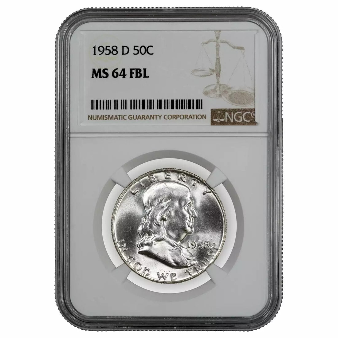 1958 D FRANKLIN HALF DOLLAR 50C NGC MS 64 FBL MINT UNC - FULL BELL LINES: 1958 D FRANKLIN HALF DOLLAR 50C NGC MS 64 FBL MINT UNC - FULL BELL LINESCertification: NGCComposition: SilverGrade: MS 64Year: 1958Circulated/Uncirculated: UncirculatedMint Location: DenverKm Number: 