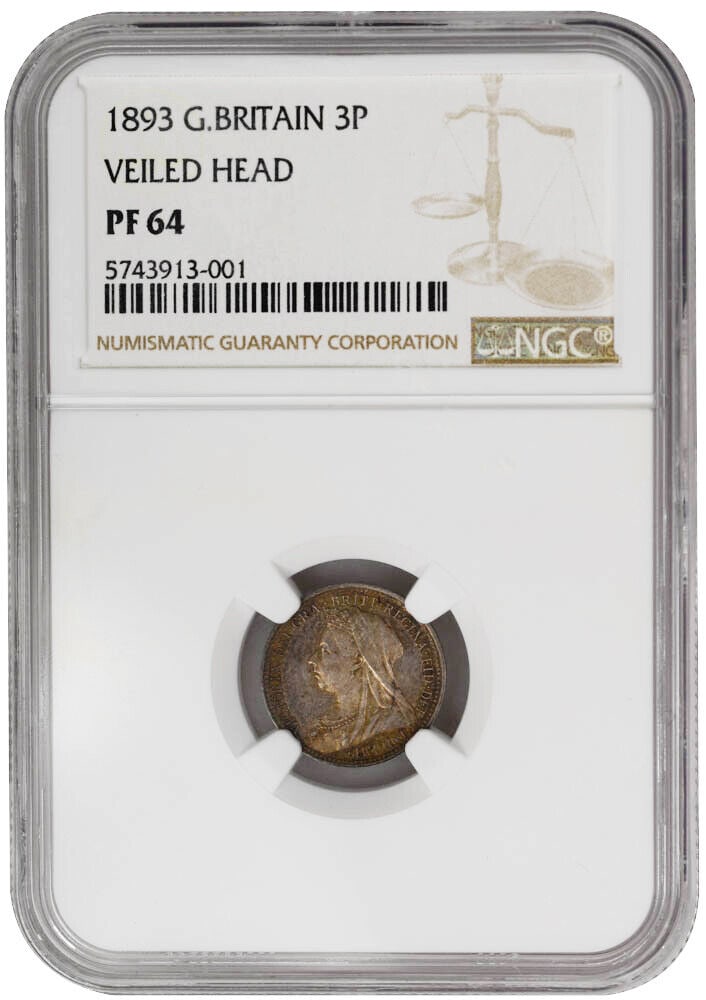 1893 Great Britain 3 Pence NGC PF64 Veiled Head Victoria: 1893 Great Britain 3 Pence NGC PF64 Veiled Head Victoria Certification: NGC Composition: Silver Country: Great Britain Denomination: 3 Pence Grade: PF 64 Year: 1893 Circulated/Uncirculated: Uncirculat